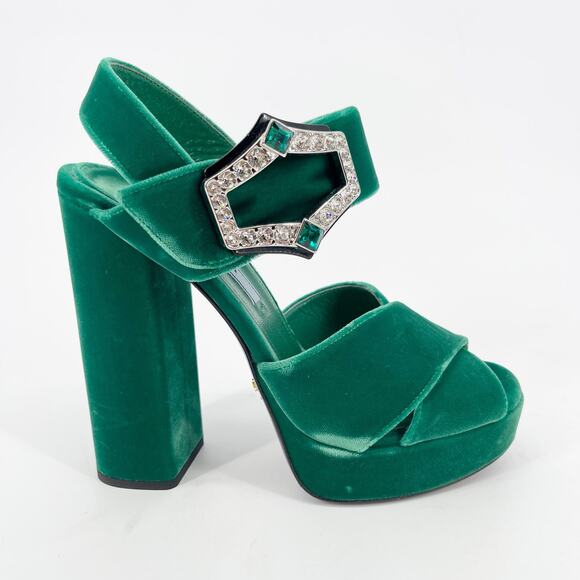 Prada Green Velvet Crystal Strappy Chunky Block Heel Platform Sandal size IT 36 - Picture 2 of 11